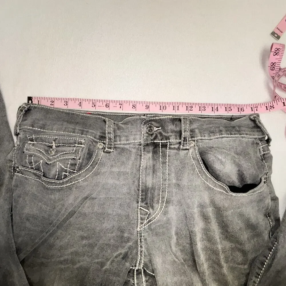 True Religion Jeans 34x32.5 Gray Ricky Flap Pocket Straight Leg Distressed READ